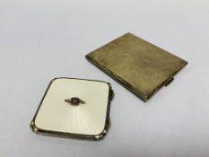 A SILVER AND WHITE ENAMEL COMPACT, BIRMINGHAM ASSAY, ALONG WITH A SILVER CIGARETTE CASE,