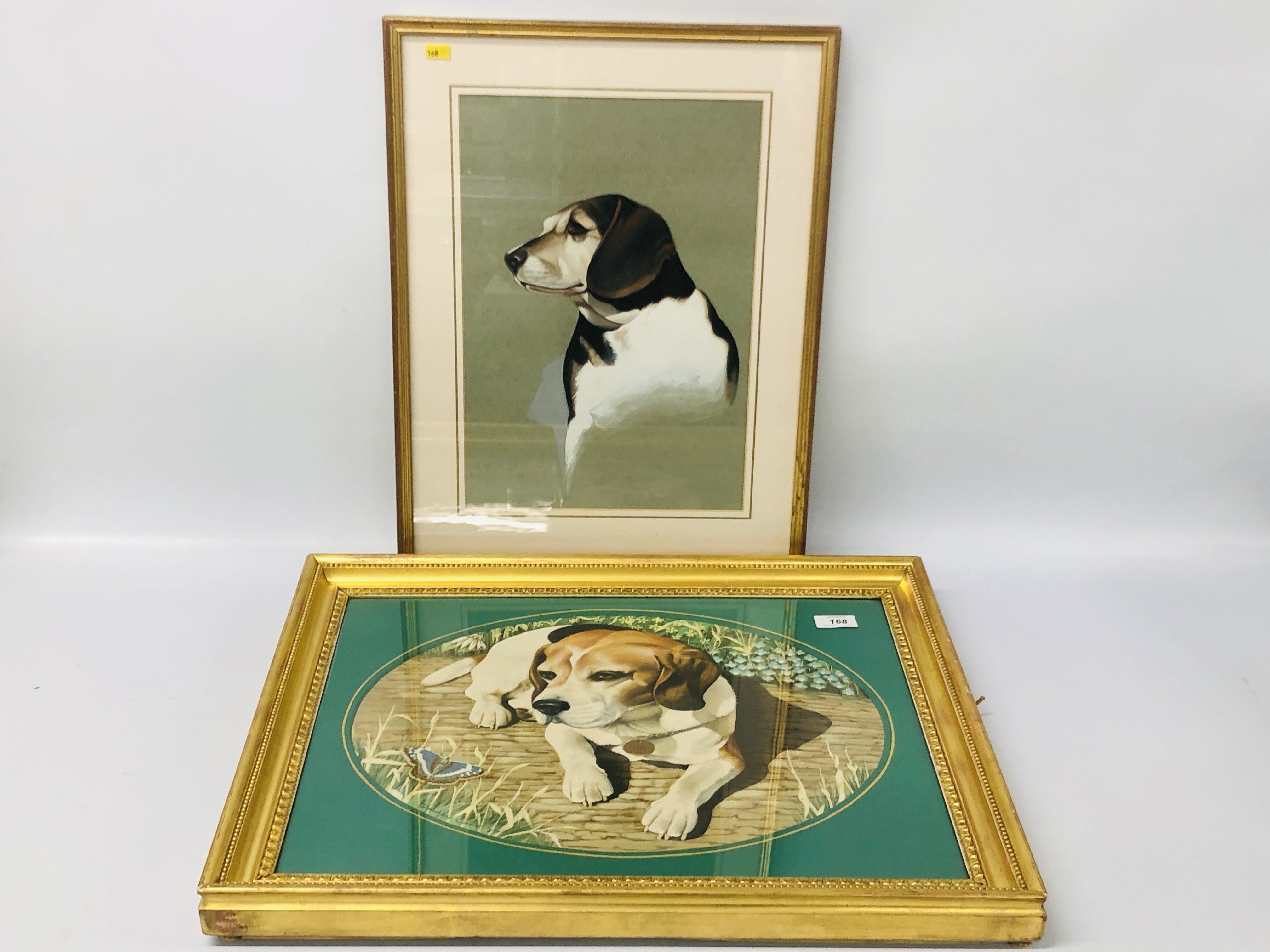 FRAMED OIL OF A BEAGLE "TOBY" IN OVAL MOUNT BEARING SIGNATURE D. CLARK - W 44CM. H 34CM.