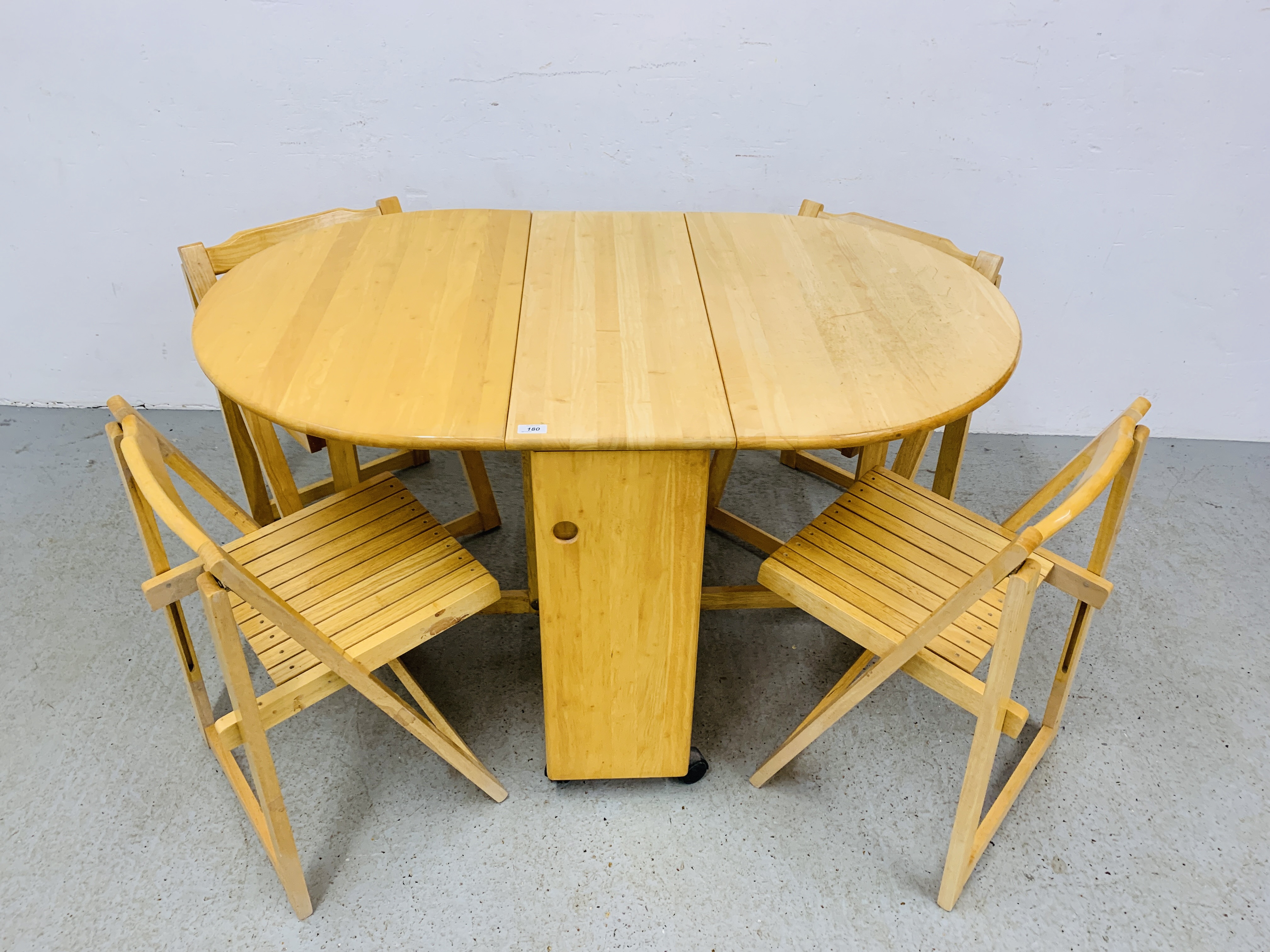 MODERN BEECH WOOD COMPACT GATELEG DINING SET (TABLE AND FOUR FOLDING CHAIRS) - W 85CM. L 132CM. - Image 4 of 8