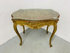 A GILT WOOD CENTRE TABLE IN C18TH FRENCH ROCOCO, HAVING A FRIEZE DRAWER, ON CABRIOLE LEGS - W 90CM.