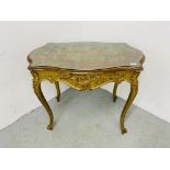 A GILT WOOD CENTRE TABLE IN C18TH FRENCH ROCOCO, HAVING A FRIEZE DRAWER, ON CABRIOLE LEGS - W 90CM.