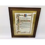 FRAMED HAND COLOURED RETIREMENT CERTIFICATE BY J.J.