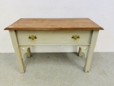 SOLID PINE SINGLE DRAWER SIDE TABLE WITH PITCH PINE TOP AND PAINTED BASE L 122CM, D 56CM,