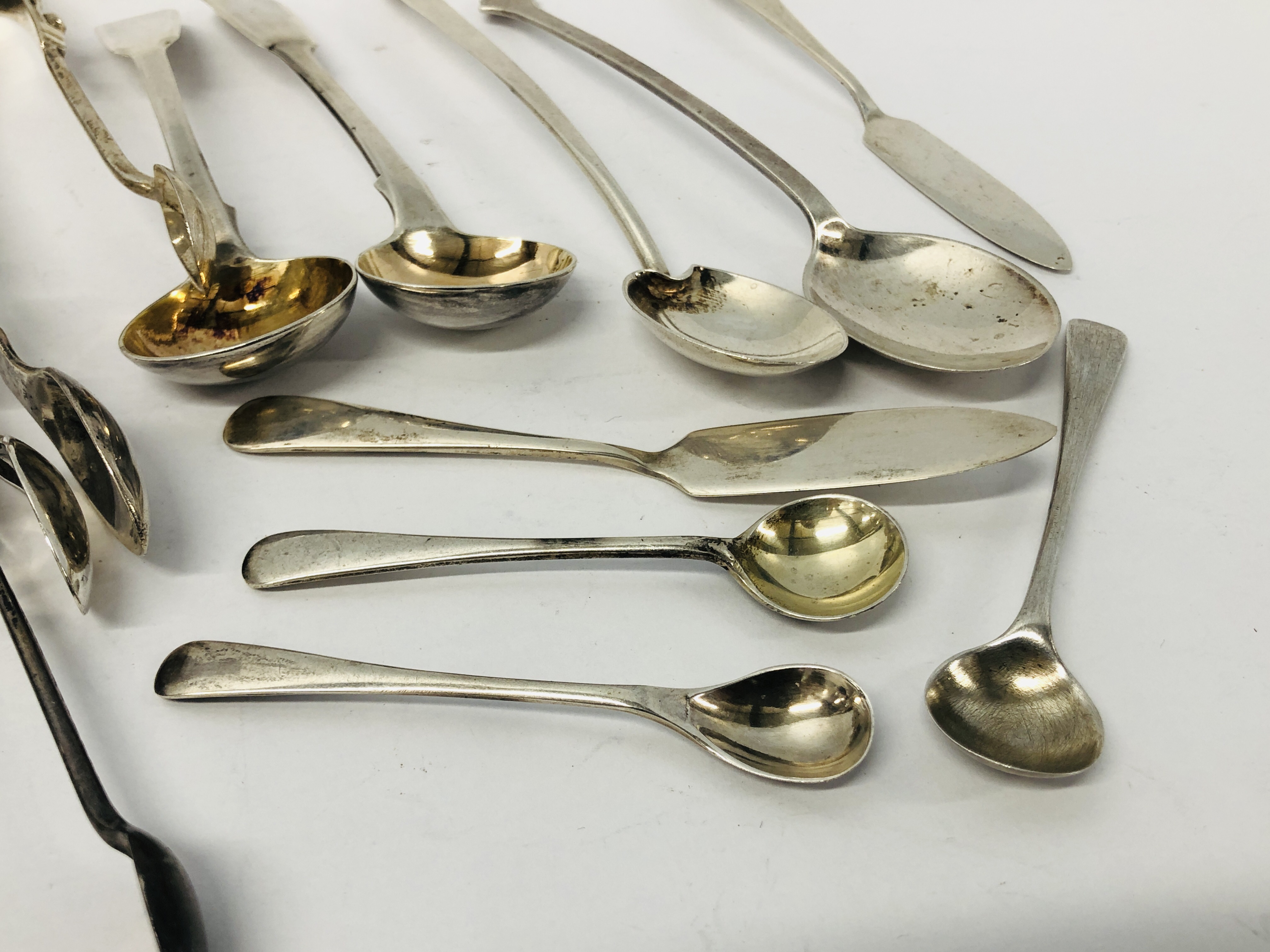 FOUR VARIOUS PAIRS OF SILVER SUGAR NIPS, FIVE SILVER SALT SPOONS, - Image 2 of 8