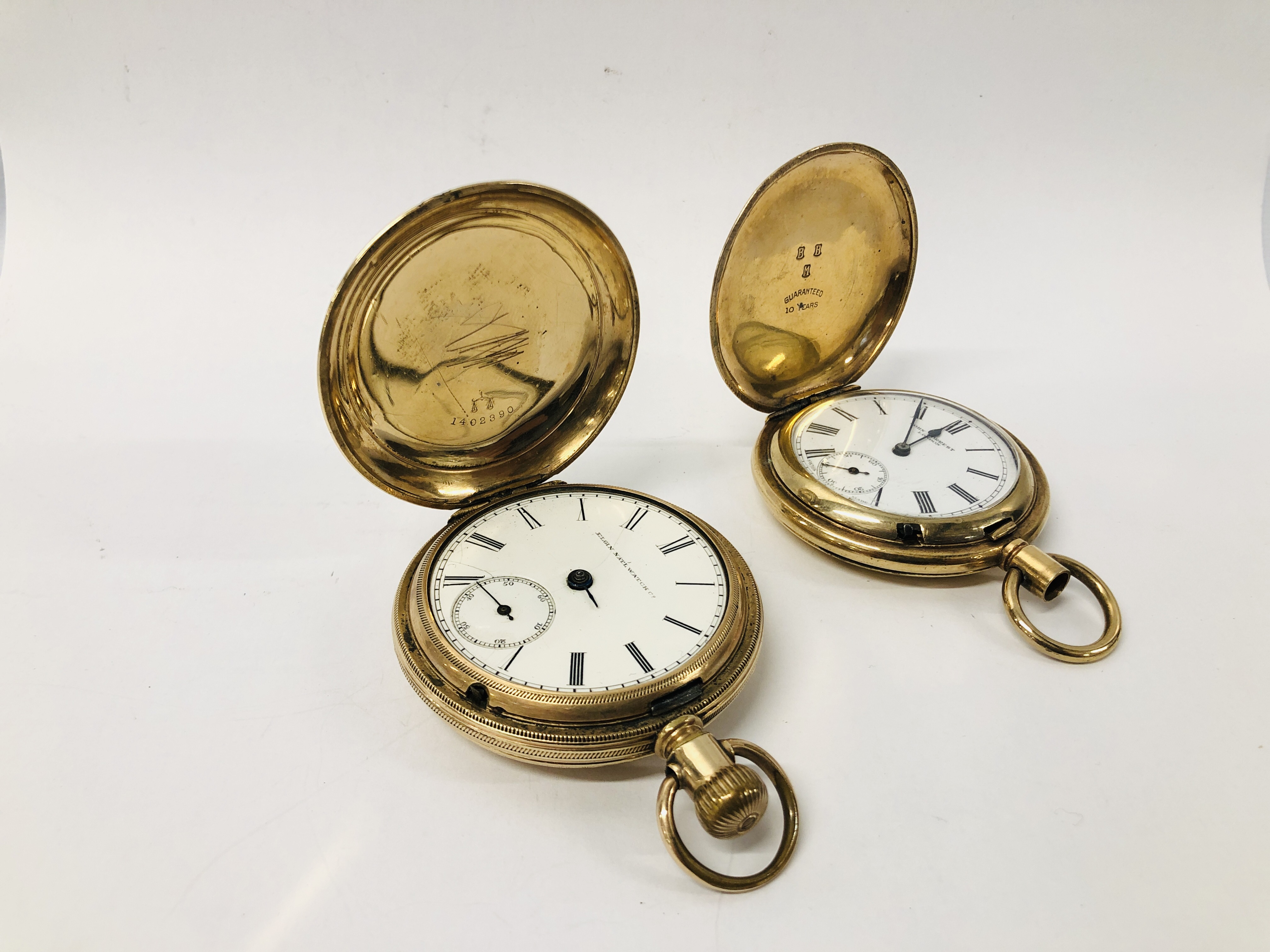 2 X VINTAGE GOLD PLATED POCKET WATCHES - ONE MARKED "ELGIN NATIONAL WATCH CO.