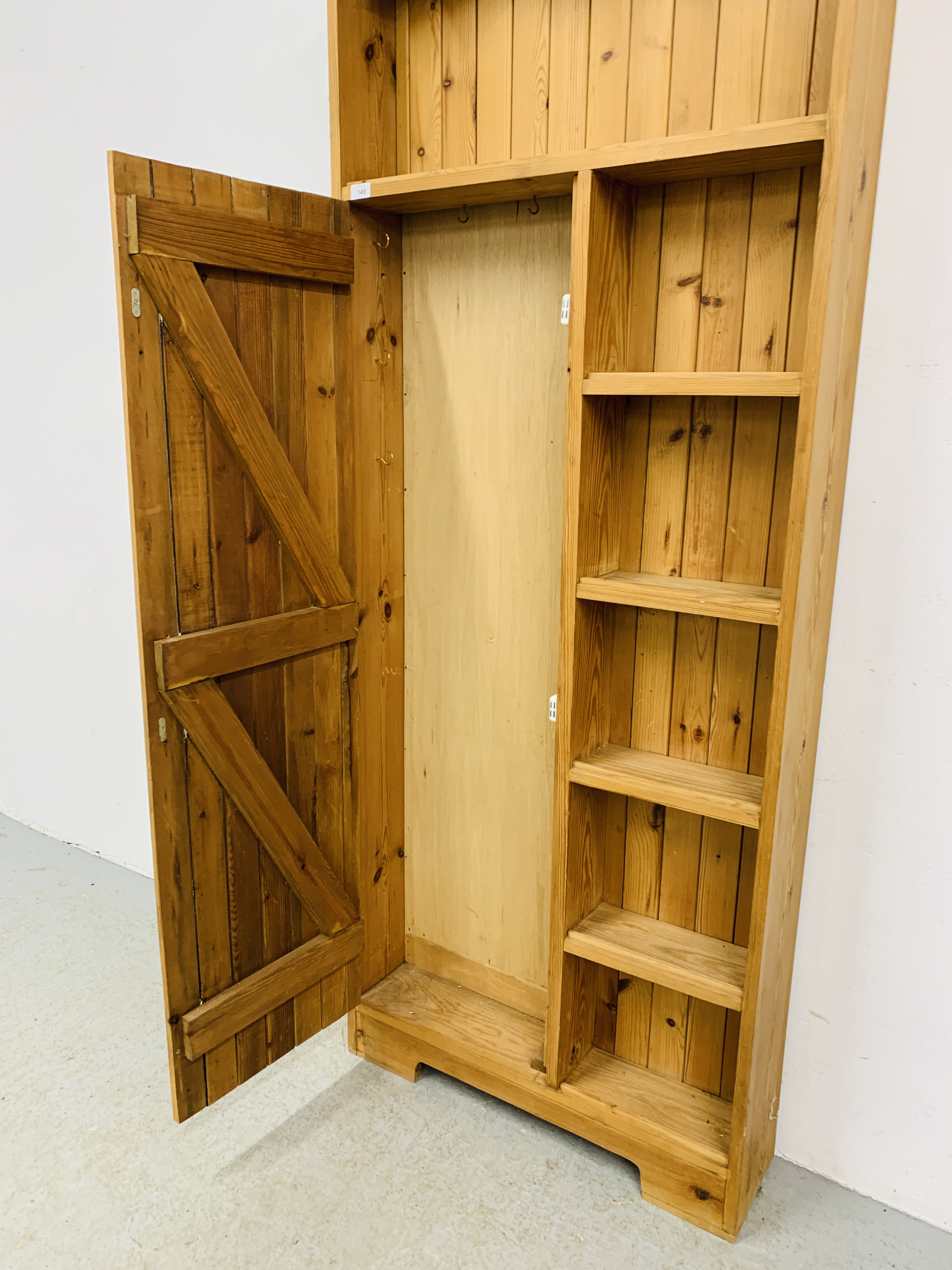 WAXED PINE FREESTANDING SINGLE DOOR UNIT, SHELF INSERTS - W 78CM. D 19CM. H 198CM. - Image 5 of 5