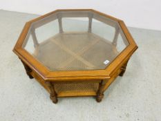 MODERN OCTAGON GLAZED COFFEE TABLE WITH RATTAN LOWER TIER - W 96CM. D 96CM. H 39CM.