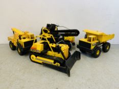 FOUR LARGE TONKA TOY MODELS, TIPPER LORRY, CRANE,