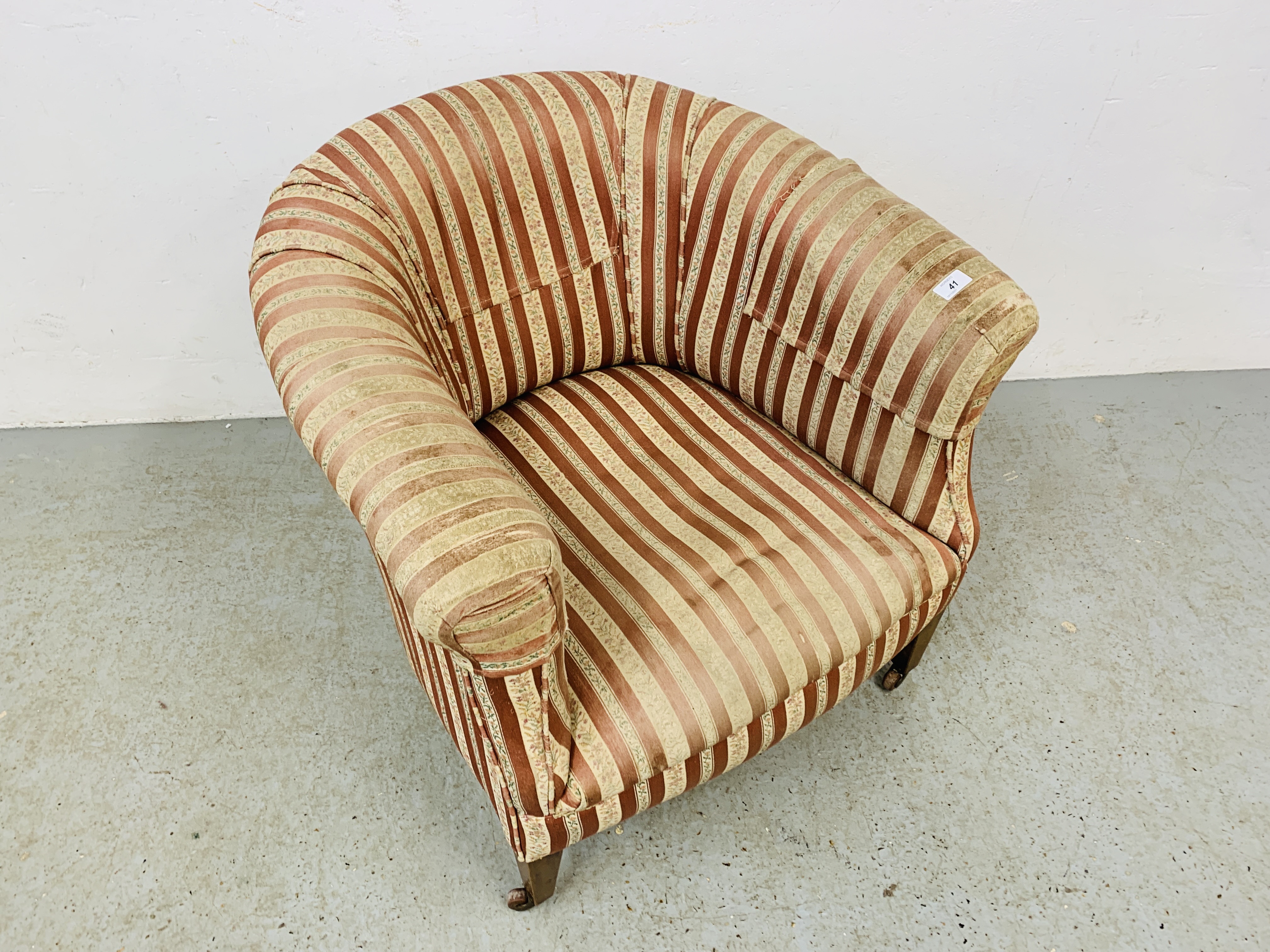 ANTIQUE TUB CHAIR, ORIGINAL STRIPPED MATERIAL, - Image 2 of 7