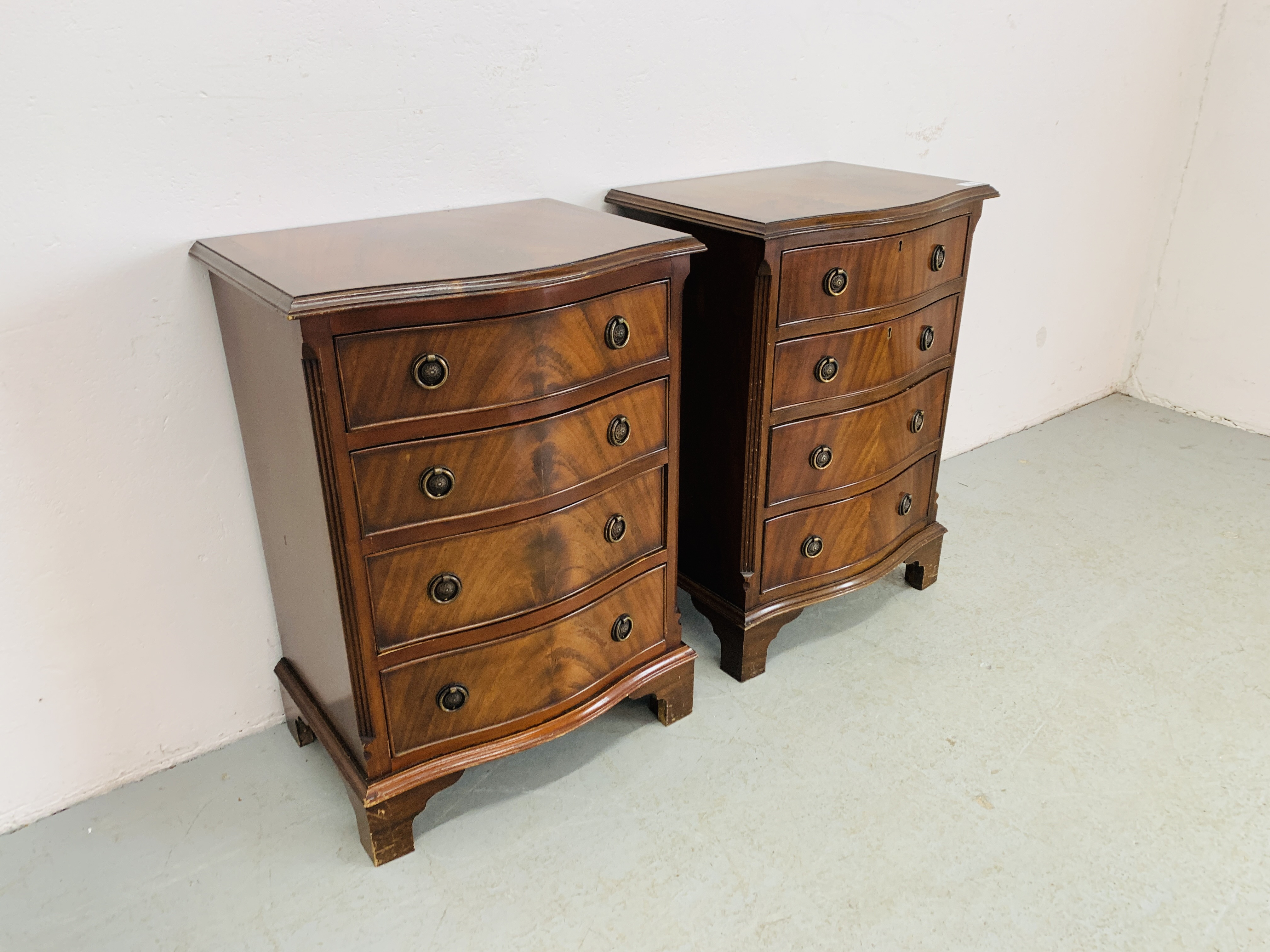 PAIR OF FLAME MAHOGANY FOUR DRAWER CHESTS - W 49CM. D 36CM. H 70CM. - Image 2 of 10