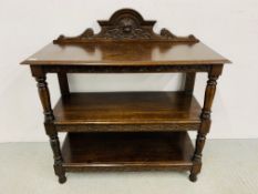 PERIOD OAK BUFFET, CARVED UPSTAND & TURNED SUPPORTS - W 106CM. D 45CM. H 113CM.