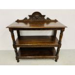 PERIOD OAK BUFFET, CARVED UPSTAND & TURNED SUPPORTS - W 106CM. D 45CM. H 113CM.