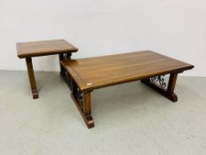 DESIGNER HARDWOOD COFFEE TABLE WITH IRON CRAFT DETAIL TO EITHER END - W 127CM. D 72CM. H 46CM.