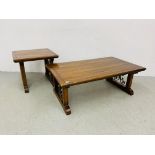 DESIGNER HARDWOOD COFFEE TABLE WITH IRON CRAFT DETAIL TO EITHER END - W 127CM. D 72CM. H 46CM.