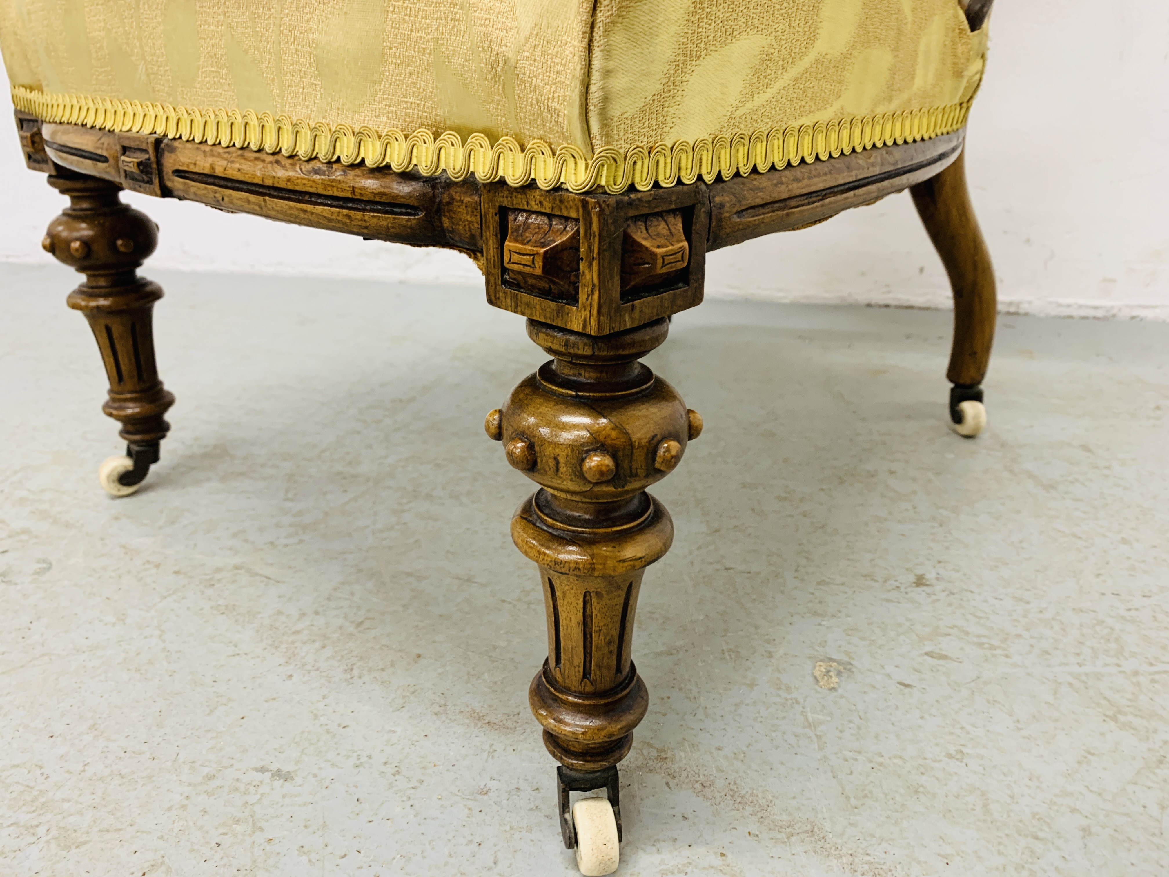 VICTORIAN ORNATE WALNUT NURSING CHAIR, WITH GOLD UPHOLSTERED SEAT AND BACK - H 85CM. - Image 7 of 9