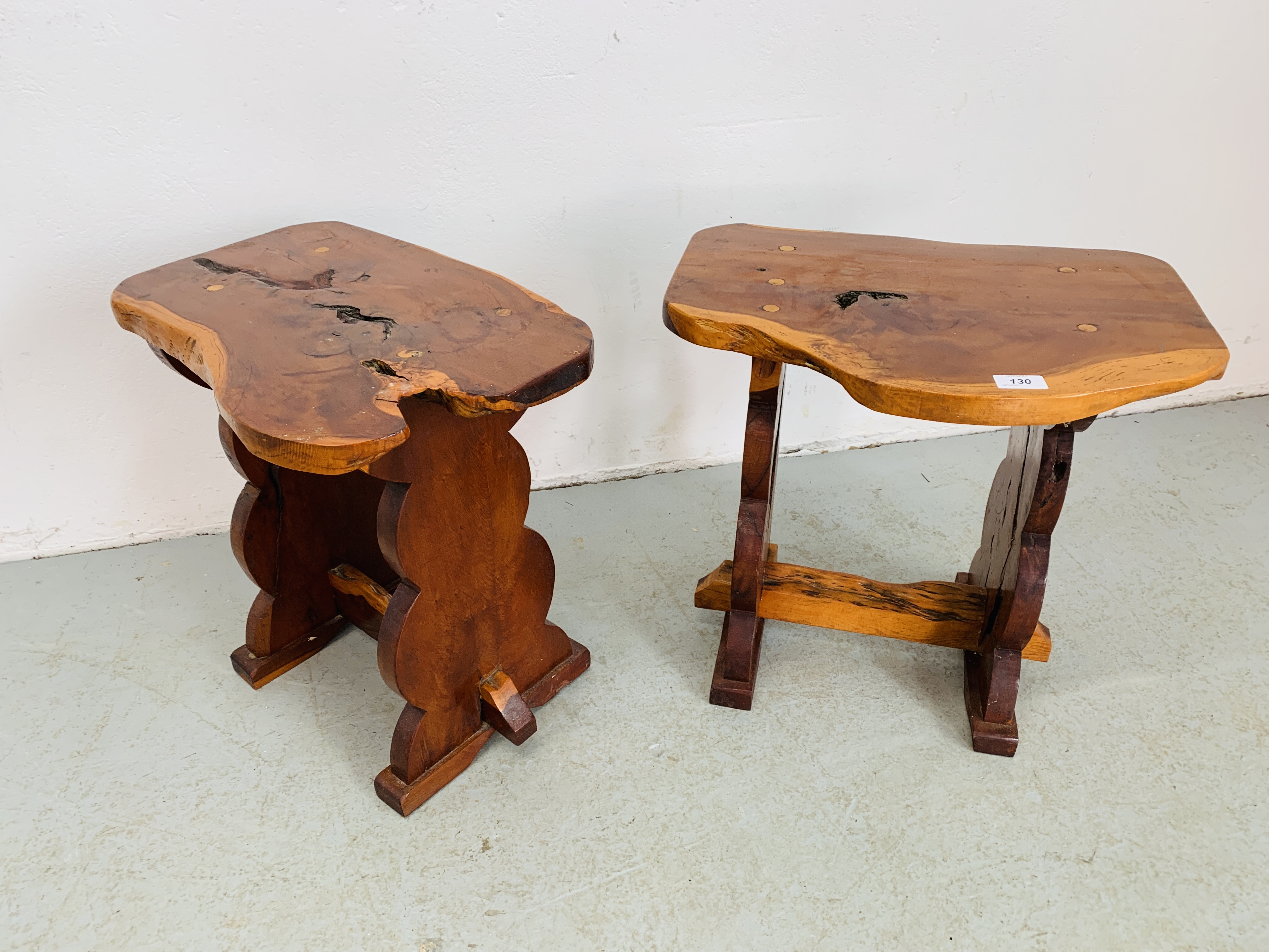 PAIR OF NATURAL SLAB WOOD OCCASIONAL TABLES - W 49CM. D 34CM. H 46CM.