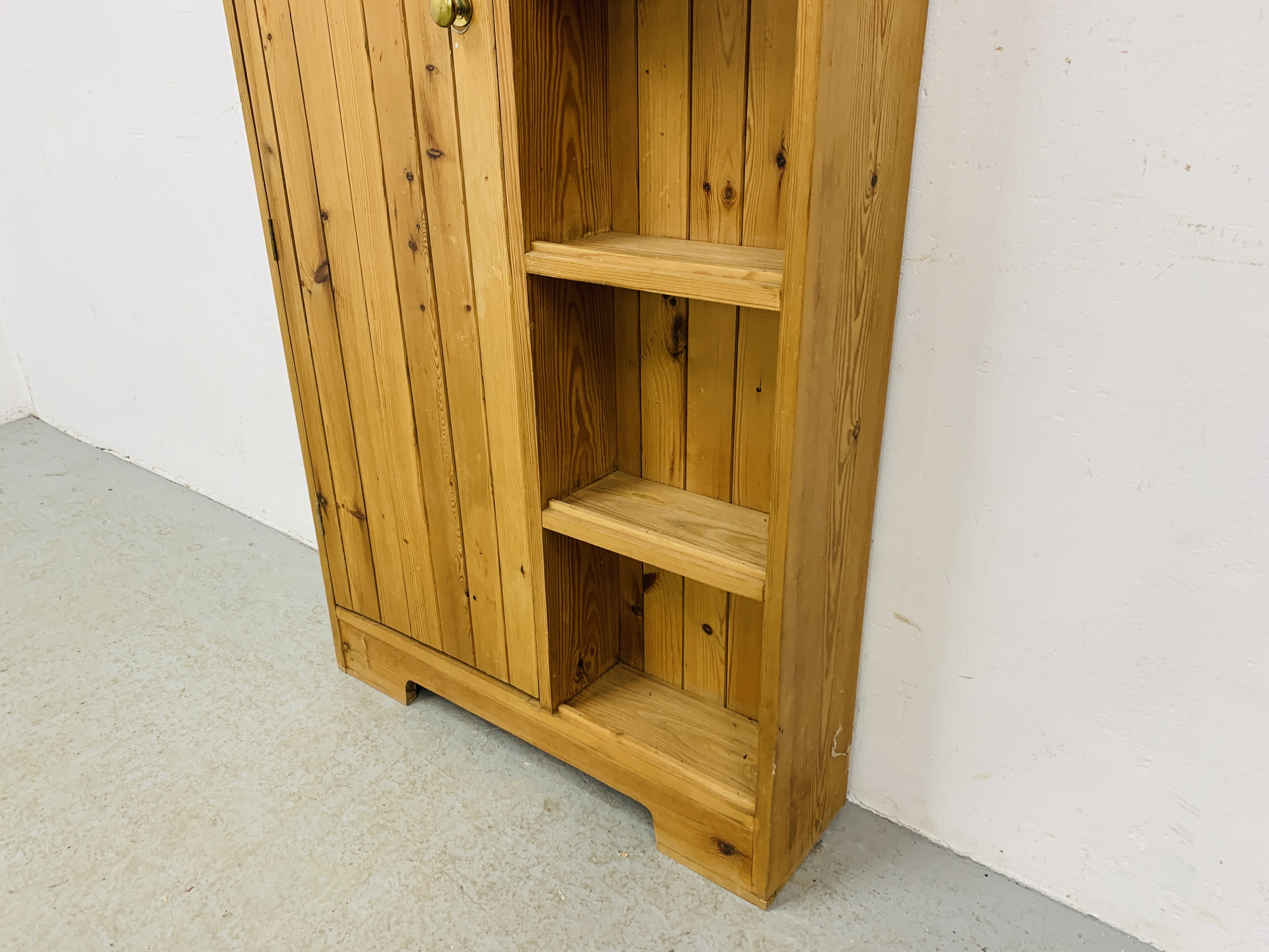 WAXED PINE FREESTANDING SINGLE DOOR UNIT, SHELF INSERTS - W 78CM. D 19CM. H 198CM. - Image 4 of 5