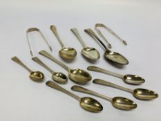 A GROUP OF HANOVERIAN PATTERN SILVER FLATWARE: 2 SUGAR NIPS - ONE BRIGHT CUT,