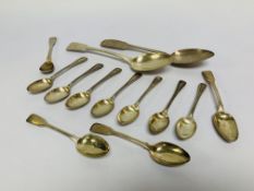 3 LARGE GEORGIAN SILVER FIDDLE PATTERN TEASPOONS, LONDON, ALONG WITH A JAM SPOON, EDINBURGH ASSAY,