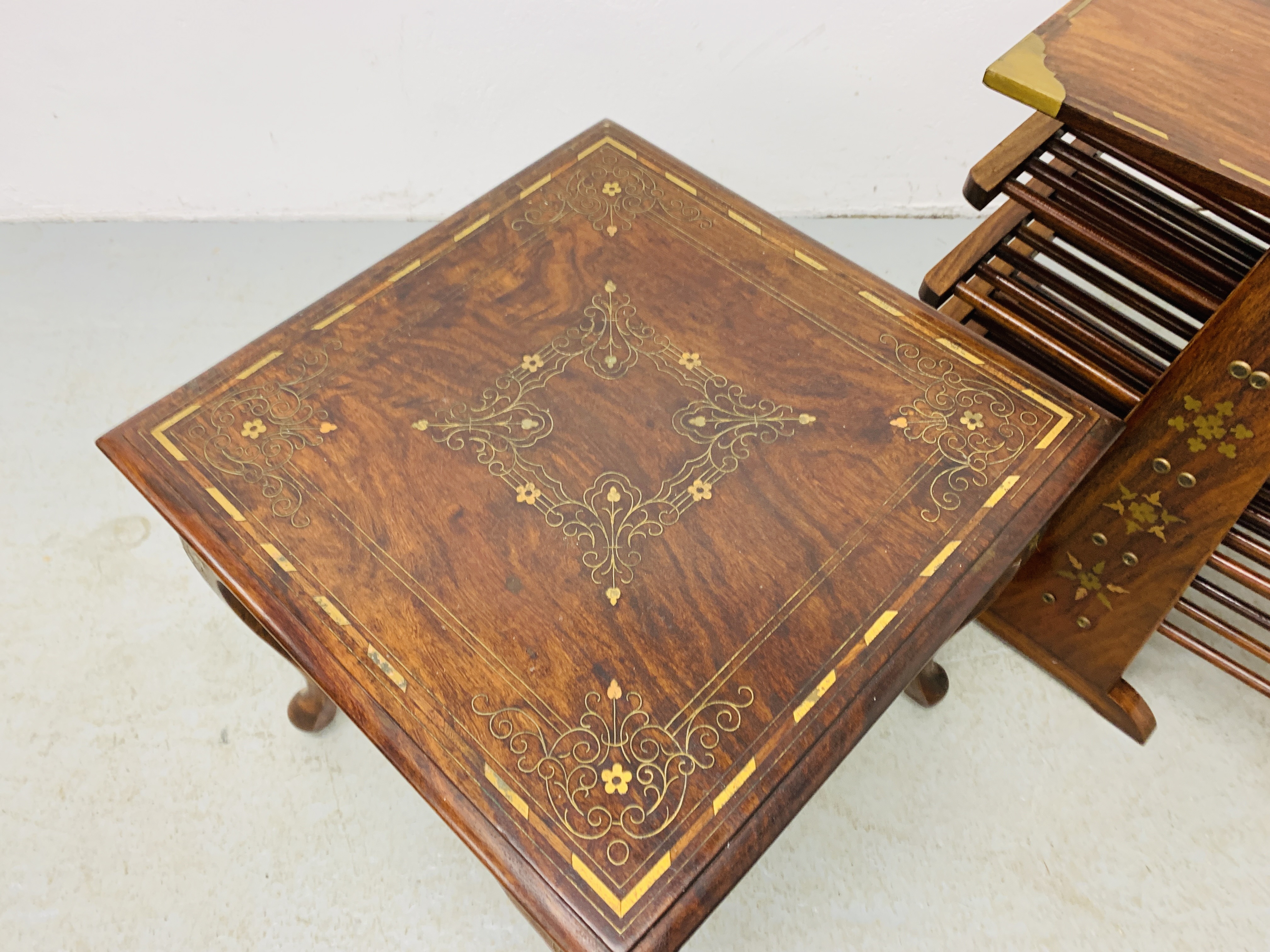 ORIENTAL DESIGN HARDWOOD OCCASIONAL TABLE WITH BRASS INLAY DETAIL ALONG WITH A MATCHING MAGAZINE - Image 3 of 7
