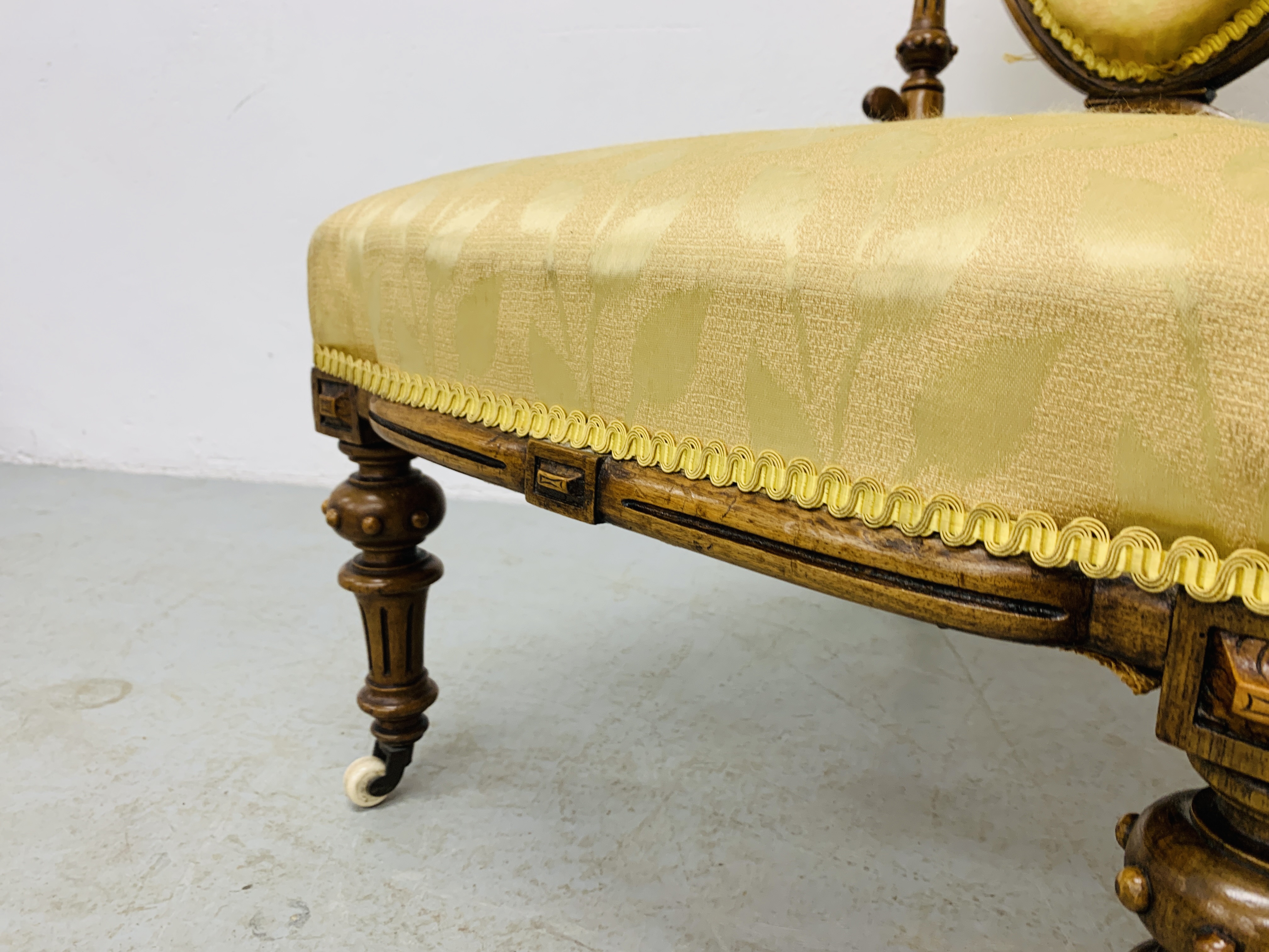 VICTORIAN ORNATE WALNUT NURSING CHAIR, WITH GOLD UPHOLSTERED SEAT AND BACK - H 85CM. - Image 9 of 9