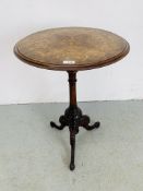 VICTORIAN PEDESTAL OCCASIONAL TABLE - THE CIRCULAR TOP WALNUT VENEERED WITH CENTRAL INLAID DESIGN