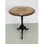 VICTORIAN PEDESTAL OCCASIONAL TABLE - THE CIRCULAR TOP WALNUT VENEERED WITH CENTRAL INLAID DESIGN