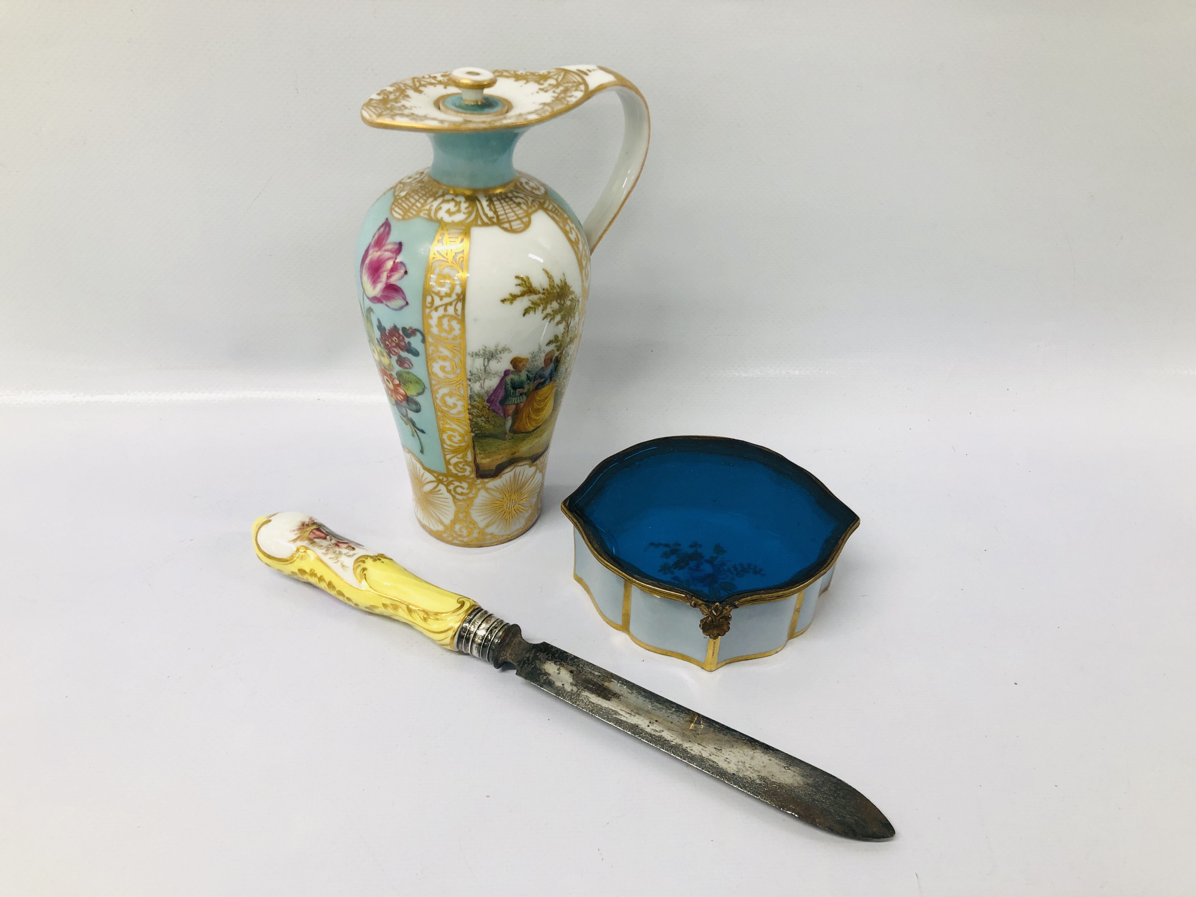 DRESDEN SCENT FLASK, HAND PAINTED DETAIL, DRESDEN LETTER OPENER,