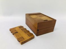 VINTAGE WOODEN CIGARETTE BOX ALONG WITH A WOODEN CARD GAME COUNTER