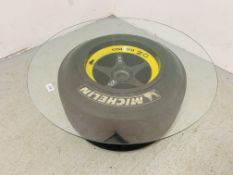 F1 TYRE TABLE WITH GLASS TOP