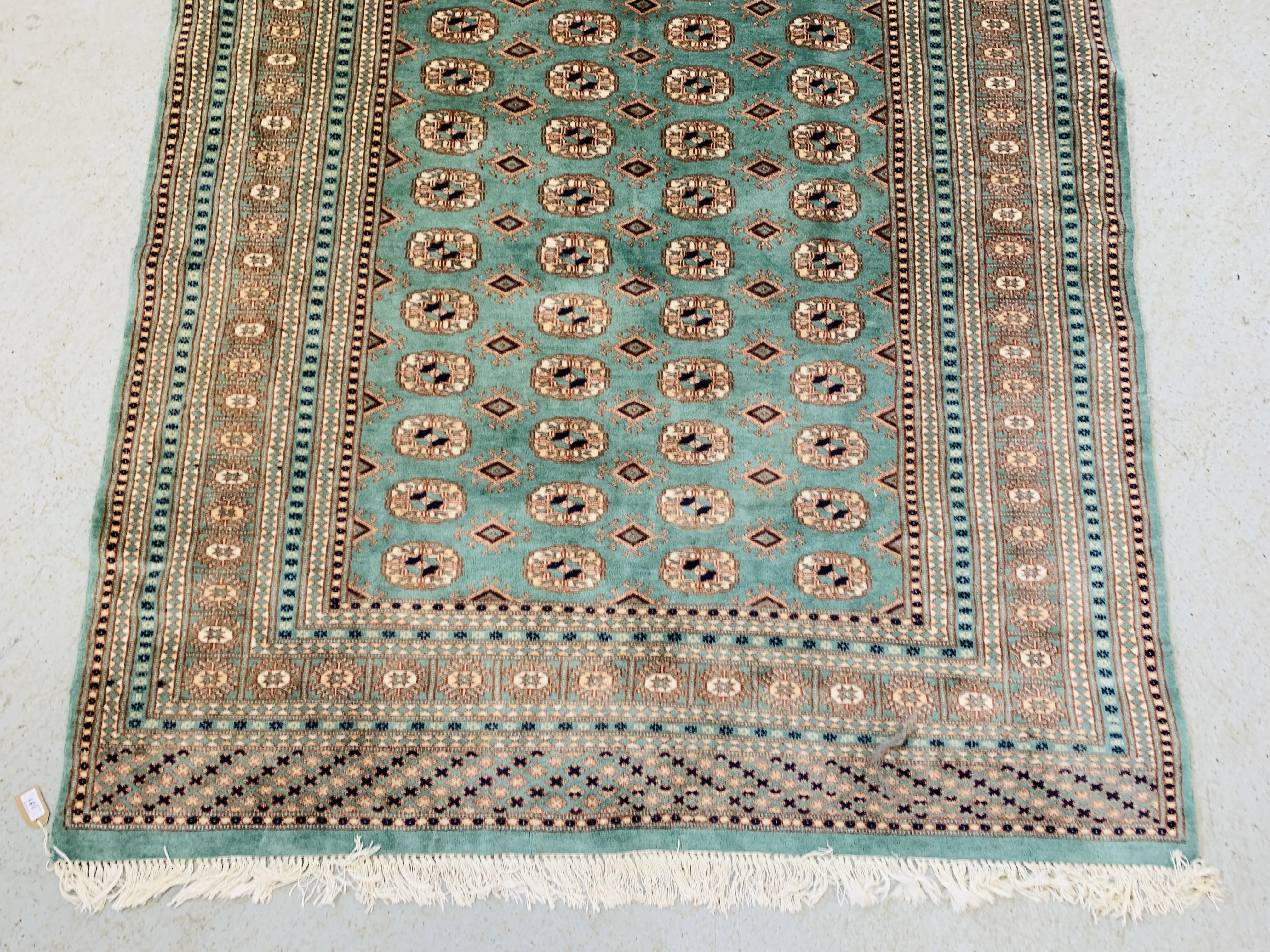 A MODERN TURKOMAN STYLE RUG, THE GULLS ON A PALE GREEN FIELD - 247 X 158CM. - Image 3 of 7