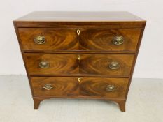 AN EARLY C19TH VINTAGE FLAME MAHOGANY 3 DRAWER CHEST, OVAL BRASS HANDLES ON SPLAYED LEGS - W 89CM.