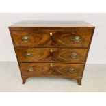 AN EARLY C19TH VINTAGE FLAME MAHOGANY 3 DRAWER CHEST, OVAL BRASS HANDLES ON SPLAYED LEGS - W 89CM.