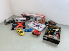 A COLLECTION OF ASSORTED TOYS AND VEHICLE MODELS TO INCLUDE RADIO CONTROL HELICOPTER,