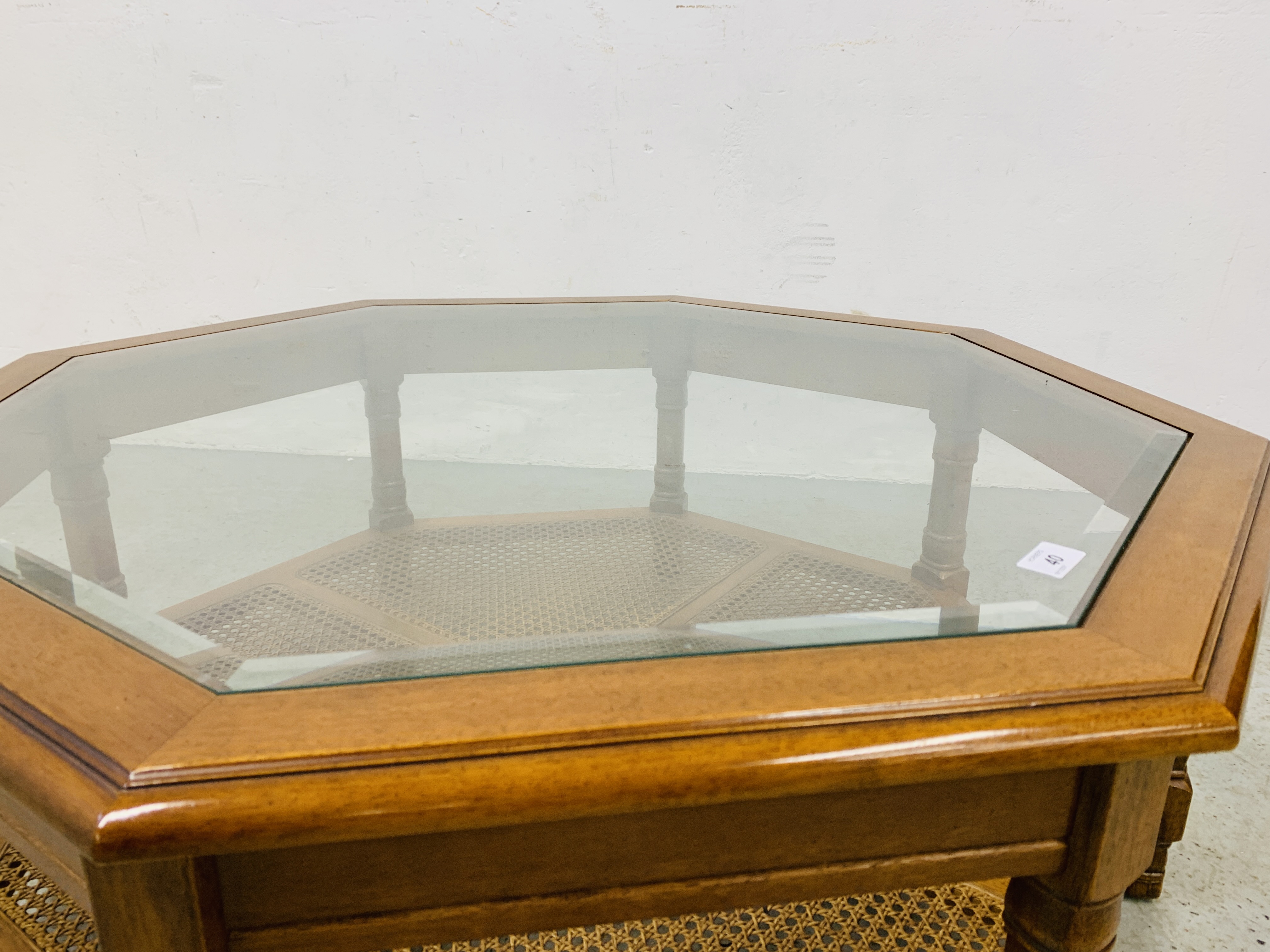 MODERN OCTAGON GLAZED COFFEE TABLE WITH RATTAN LOWER TIER - W 96CM. D 96CM. H 39CM. - Image 6 of 6
