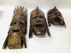 3 HARDWOOD AFRICAN TRIBAL REPRODUCTION WALL MASKS 1 A/F