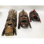 3 HARDWOOD AFRICAN TRIBAL REPRODUCTION WALL MASKS 1 A/F