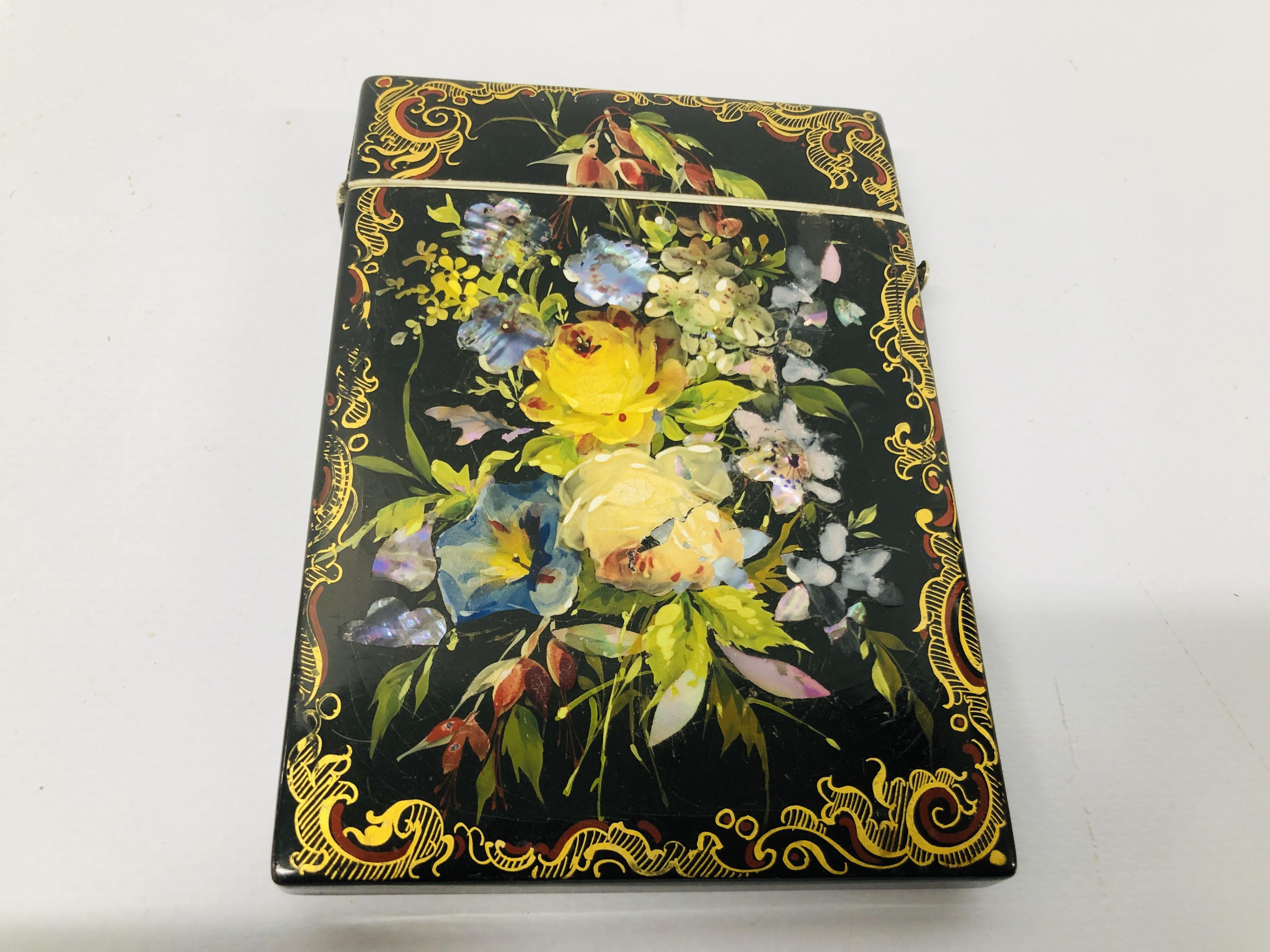 2 X VICTORIAN PAPIER MACHE CARD CASES BEAUTIFULLY DECORATED WITH HAND PAINTING MOTHER OF PEARL - Image 6 of 7