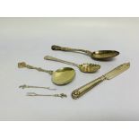 3 VARIOUS SILVER FRUIT SPOONS, GEORGIAN AND LATER, ALONG WITH CAKE KNIFE, SHEFFIELD ASSAY,