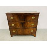 VICTORIAN MAHOGANY FINISH 3 DRAWER BOW FRONT CHEST WITH DECORATIVE BRASS HANDLES - W 90CM. D 46CM.