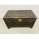 HEAVILY CARVED CAMPHOR WOOD CHEST - THE PANELS WITH ORIENTAL DESIGN