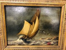 GILT FRAMED OIL ON BOARD SEASCAPE BEARING SIGNATURE JOHN MOORE IPSWICH - W 24CM X H 18CM.