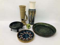 COLLECTION OF STUDIO POTTERY TO INCLUDE A JERSEY POTTERY VASE H 37.