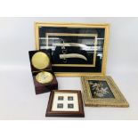 CASED DISPLAY OF AN ARAB DECORATIVE SWORD, FRAMED METAL WORK BIRDS, FRAMED MINIATURE CHARMS,