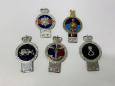 FIVE VARIOUS COLLECTOR'S MOTORING CAR BADGES TO INCLUDE 3 X "J.R.