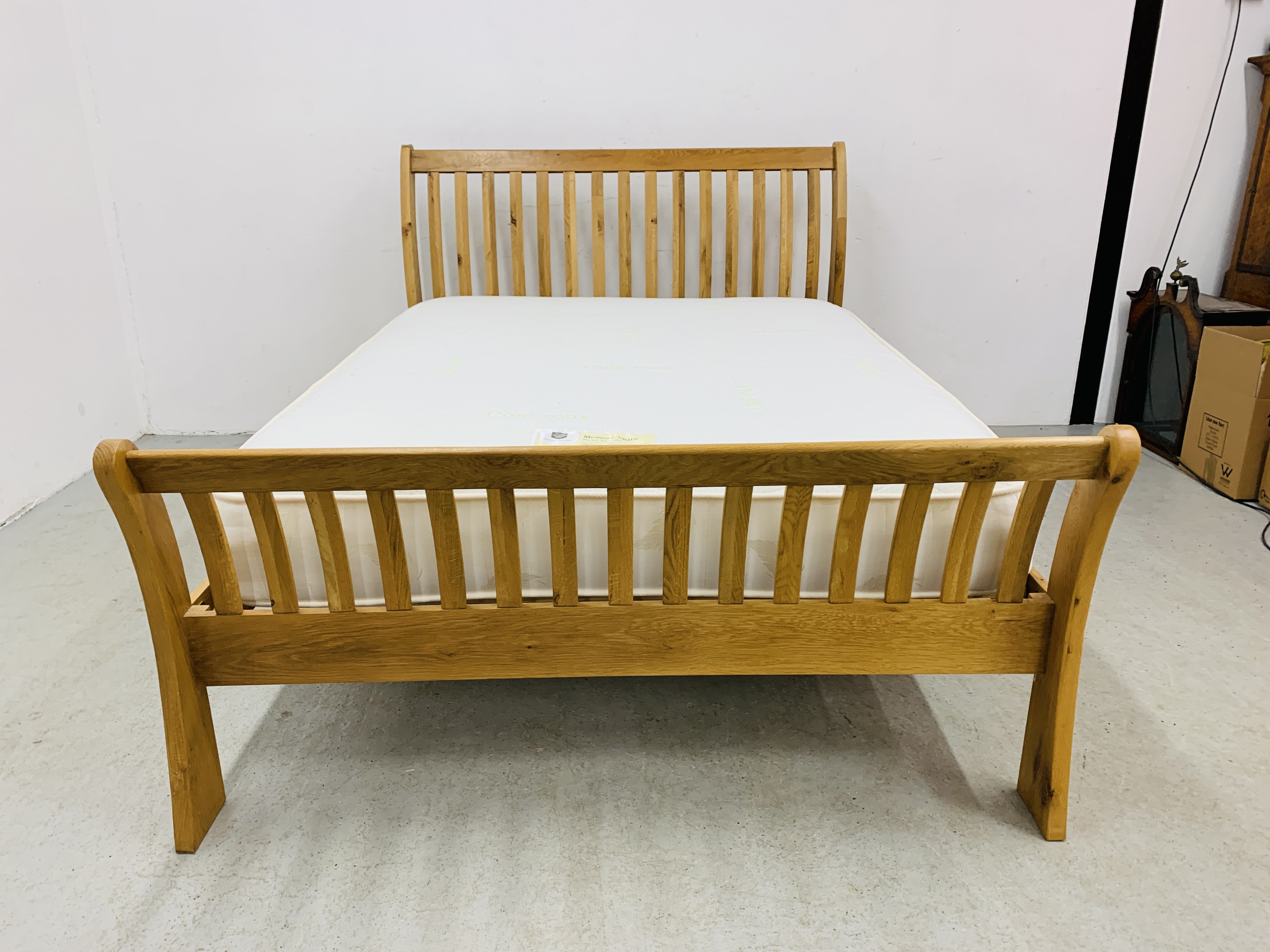MODERN LIGHT OAK FINISH KING SIZE BED FRAME WITH "THE SHIRE BED CO. - Image 8 of 12
