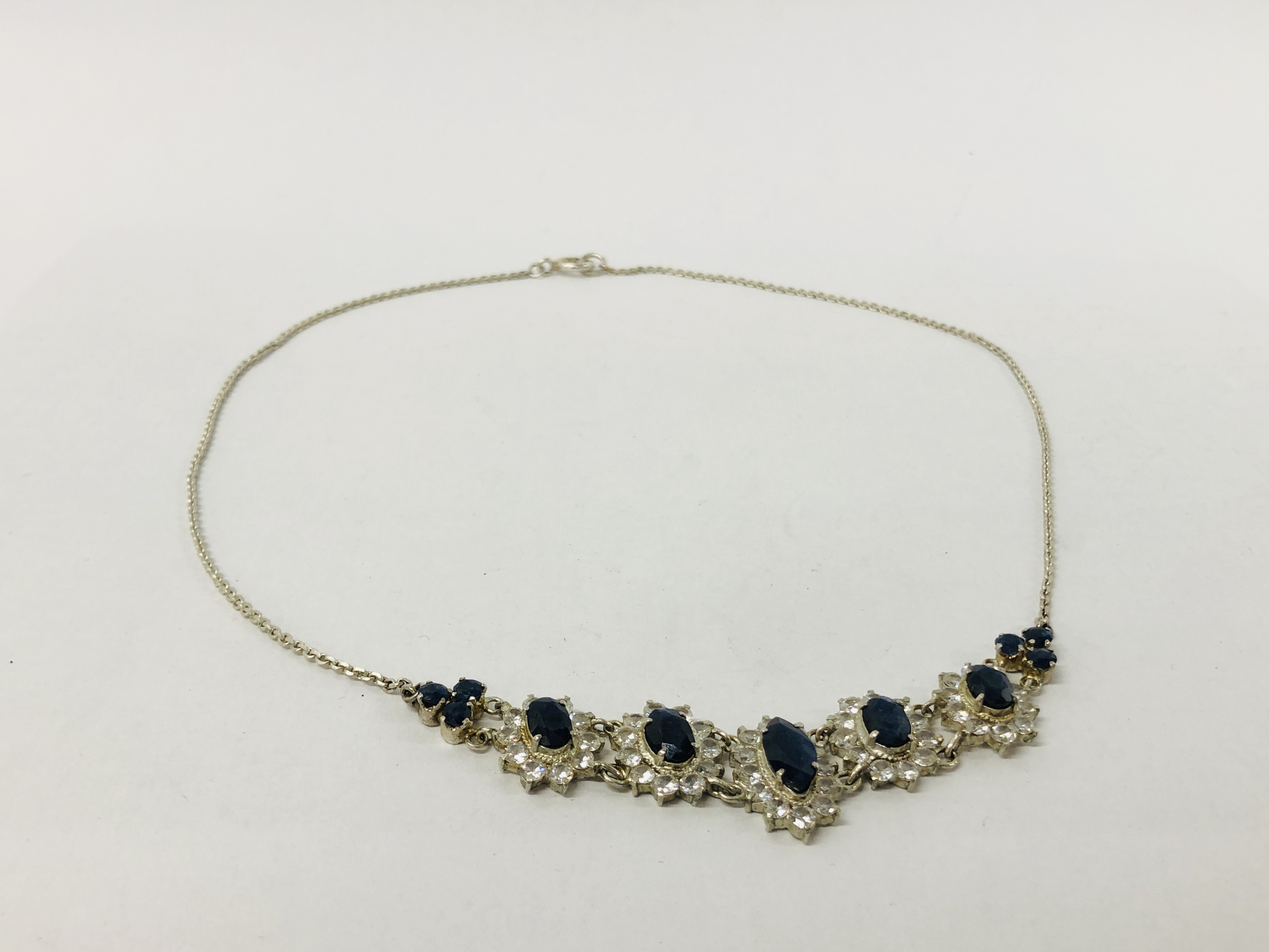 DECORATIVE SILVER EVENING NECKLACE SET WITH CENTRAL BLUE STONE, - Image 2 of 4