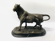 A BRONZE STUDY OF BULL ON MARBLE BASE BEARING SIGNATURE A.L.