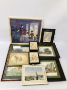 BOX OF ASSORTED PICTURES AND PRINTS TO INCLUDE PEN AND INK LONDON V.E.