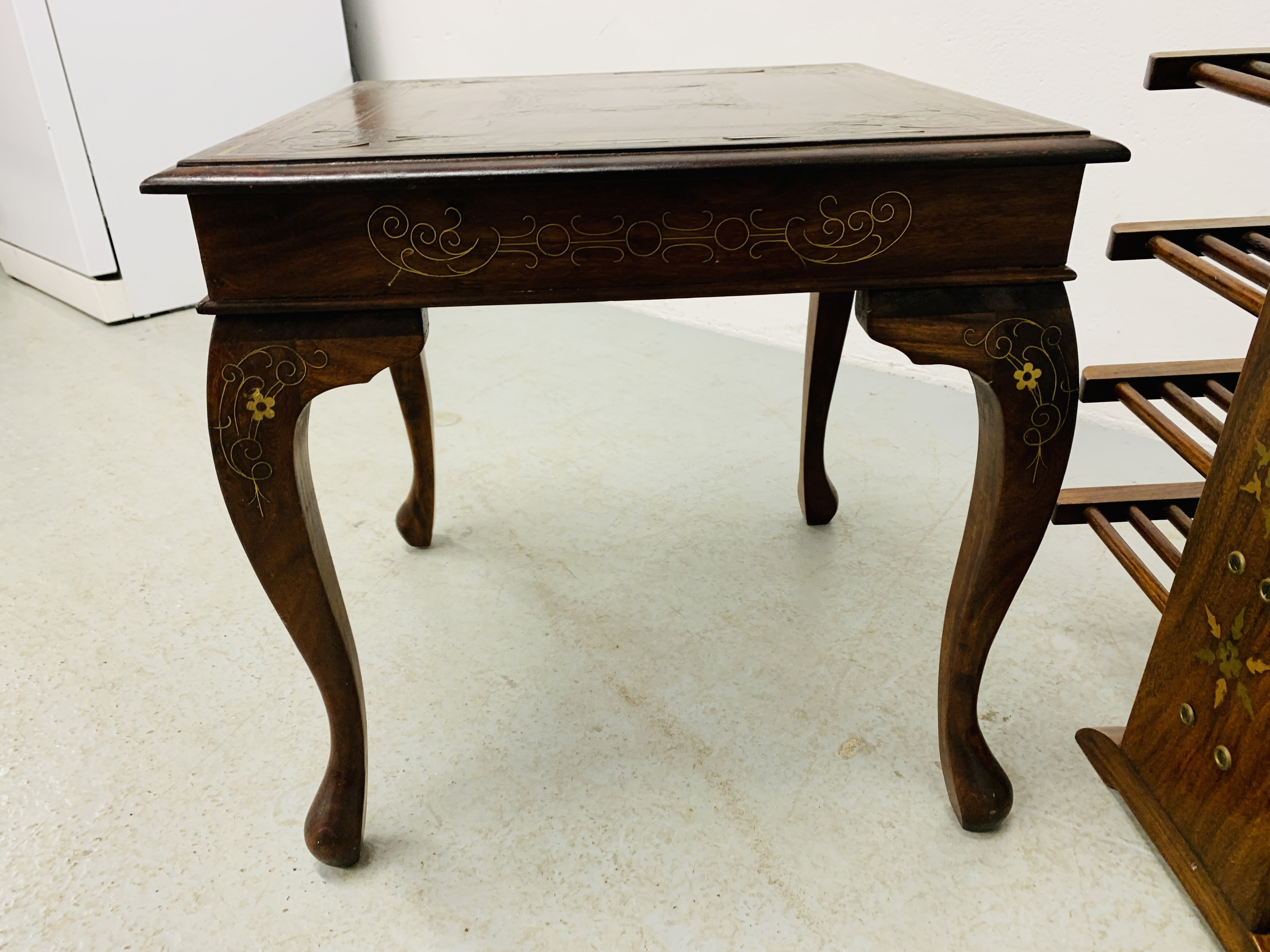 ORIENTAL DESIGN HARDWOOD OCCASIONAL TABLE WITH BRASS INLAY DETAIL ALONG WITH A MATCHING MAGAZINE - Image 7 of 7